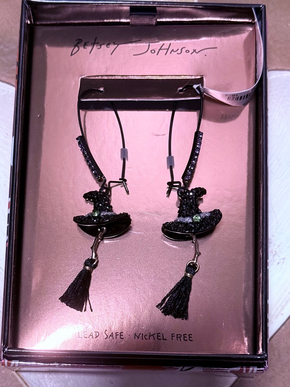 Betsey Johnson Black Crystal Witch Hat Tassel Earrings
